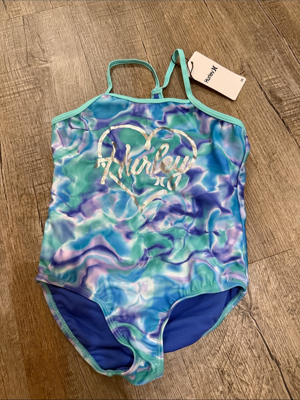 Hurley Girls' Turquoise, Purple & Teal Marble One-Piece Swimsuit